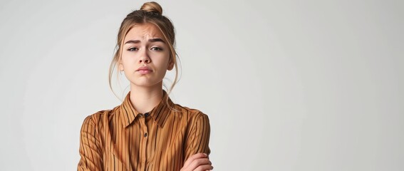 Wall Mural - A woman wearing a brown shirt is striking a pose for a photograph