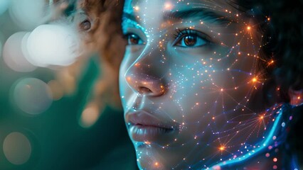 Leinwandbilder - Close-up of a woman with glowing digital patterns overlaying her features.