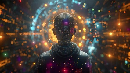 Fototapete - A man standing confidently in front of a high-tech, futuristic urban backdrop with neon lights and advanced architecture.