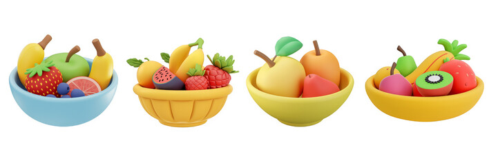 PNG fruit bowl 3d icons and objects collection, in cartoon style minimal on transparent, white background, isolate