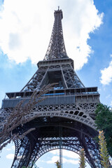 Eiffel tower, close up view, in the city of Paris, France.