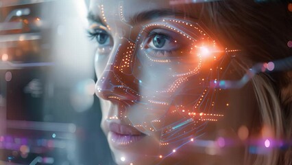 Leinwandbilder - A close-up of a womans face with a futuristic interface displayed in the background, blending human features with technological elements.