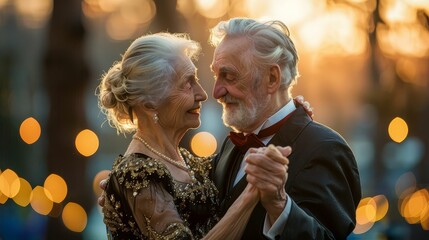 An elderly couple dancing through different historical eras in a timetraveling waltz