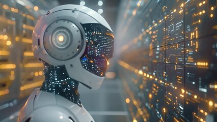 Fototapete - A robot head with intricate visual sensors set against a backdrop of glowing data racks.