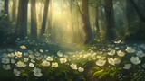 Fototapeta  - Beautiful white primroses in spring in the forest close-up in sunlight in nature. Spring forest landscape with blooming white anemones and trees.