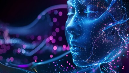 Fototapete - A close-up of a digitally generated human face adorned with sparkling blue particles.