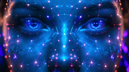 Leinwandbilder - A womans face enhanced with a futuristic blue light grid, symbolizing advanced technology.