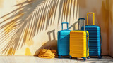 Fototapeta Młodzieżowe - Bright yellow and blue suitcases positioned against a sunlit wall with palm tree shadow patterns