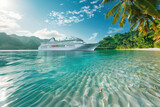 Fototapeta Młodzieżowe - A massive cruise ship anchored in crystal-clear waters near a picturesque tropical island with lush palm trees