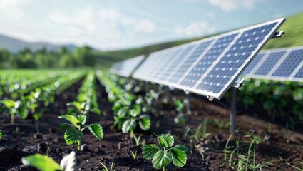 Scenic view of a solar panel installation nestled in a verdant agricultural landscape, with rolling hills and cloudy skies, emphasizing the integration of clean energy into rural settings.