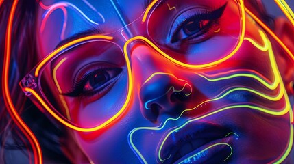 Wall Mural - Vibrant neon light portrait of a young adult woman