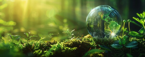 Wall Mural - Green planet earth on moss in sunlight with a green forest background for environment and ecology concept, sustainable development, global warming or climate change idea 