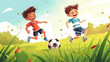 Football soccer training for kids, children football training scene, boys happily chasing the football on grass field