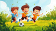 Football soccer training for kids, children football training scene, boys happily chasing the football on grass field