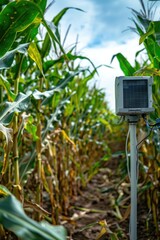 Poster - A solar panel situated in a vibrant corn field, suitable for eco-friendly and agricultural concepts