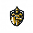 A highly stylized logo featuring a knight in golden armor holding a sword and shield against a white background.
