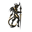 An elegant logo design featuring a stylized black and gold demon holding a long spear, against a white background.
