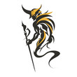 A modern and dynamic logo featuring a stylized demon warrior with a spear, crafted in bold black and gold colors.
