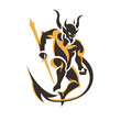A sleek and modern logo design featuring a stylized demon in black and gold, wielding a sword within a circular motif.
