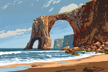 Aufkleber - A beautiful painting of a rock formation on a beach. Suitable for travel and nature themes