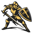 A bold vector graphic depicting a knight in golden and black armor, poised with a sword and shield in a combat stance.
