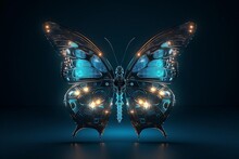 A Steampunk Butterfly With Glowing Blue Lights And Intricate Metal Details