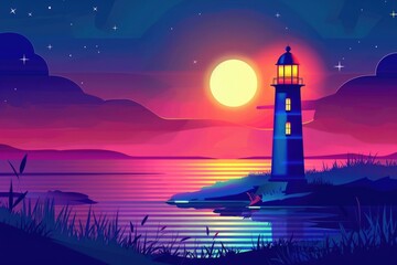 Poster - A serene lighthouse standing on the shore of a lake, perfect for calming night scenes