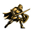 Dynamic illustration of a charging knight clad in golden armor, wielding a sword and shield, depicted in a bold graphic style.

