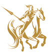 A dynamic vector illustration of a knight in armor riding a horse, depicted in a sleek golden style against a clean background.

