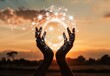© SKIMP Art - A pair of hands reaching out towards the sky, holding an illuminated sphere with interconnected nodes representing global network connections Generative AI