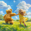 A cheerful young girl in a yellow dress dances joyfully with a giant teddy bear in a sunny, flower-filled field.
