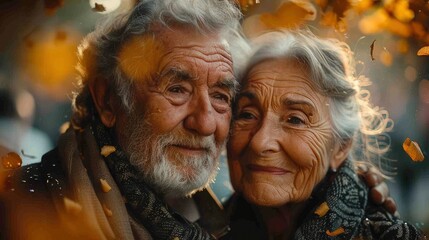 Wall Mural - Happy senior couple at wedding ceremony, confetti rain. A smiling old Man and Woman in Love getting married