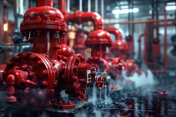 Poster - A group of red fire hydrants in a building, suitable for fire safety concepts