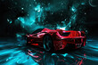 A red sports car against an aquamarine starry sky. Cars with mirror-glossy paint on the background of space, haze or clouds