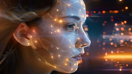 Leinwandbilder - A womans face overlaid with a mesh of data points symbolizing biometric technology.