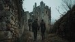 A couple on a ghost hunting adventure, exploring haunted castles and ancient ruins