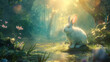 White rabbit in the forest with light shining on it. Fairytale image.