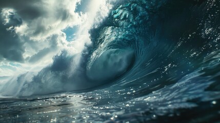 Poster - Powerful wave crashing in the sea, suitable for travel brochures
