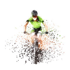 Wall Mural - Cycling, man riding a mountain bike, isolated low poly vector illustration with shatter effect, front view