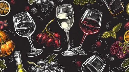 Poster - Image of wine glasses and fruits on black background. Suitable for food and beverage industry promotions