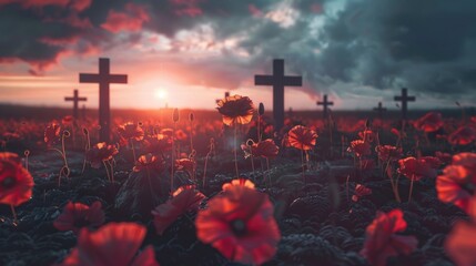 Poster - Field of red flowers with crosses in the background. Suitable for memorial or religious themes