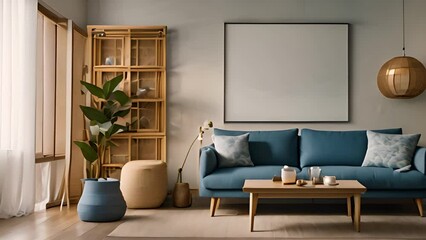Poster - Stylish Living Room With Blue Couch and Coffee Table Generative AI