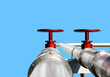 Two large industrial pipes with red valves against a blue sky 3d image