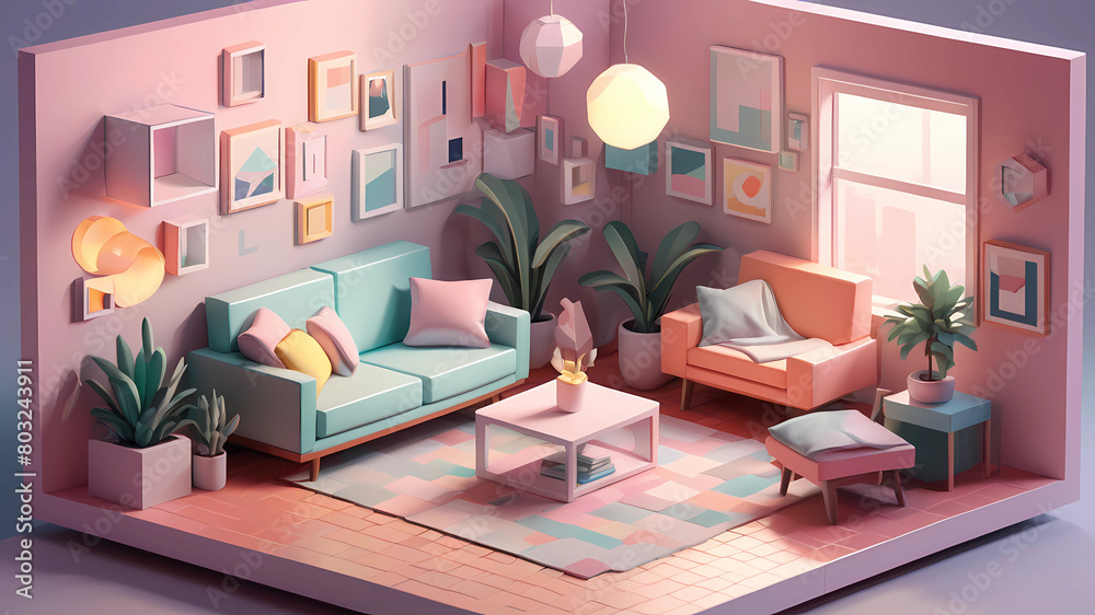 cube cutout of an isometric living room, 3d art, pastel colors, soft ...