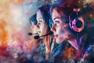 Poster - A diverse group of individuals wearing headphones and headsets. Ideal for technology or communication concepts