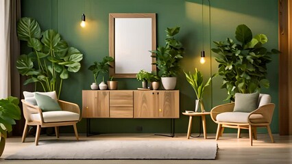 Poster - Green-Walled Living Room With Plants Generative AI