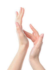 Wall Mural - Woman applying cream on her hand against white background, closeup