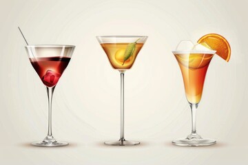 Wall Mural - Three different types of cocktails lined up in a row. Great for menu designs or summer party invitations