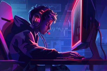 Poster - A man sitting in front of a computer with headphones