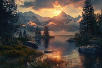 Poster - Scenic view of a lake with a majestic mountain in the background. Perfect for travel and nature themes